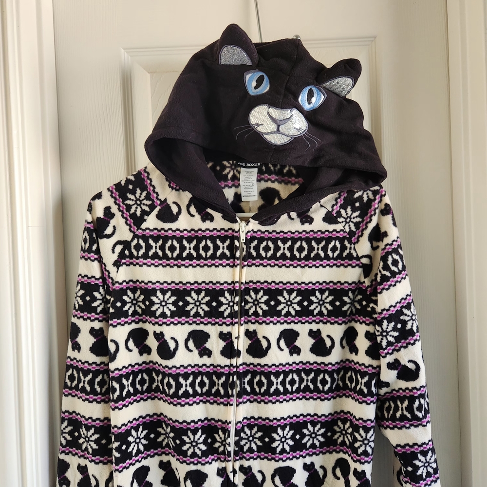 Joe Boxer Cat‎ Fleece Hooded one piece PJs Fair Isle Footed Pajama Size Medium
